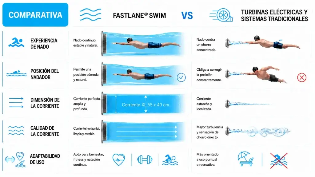 Comparativa visual entre FASTLANE® SWIM y turbinas eléctricas y sistemas tradicionales de natación contracorriente